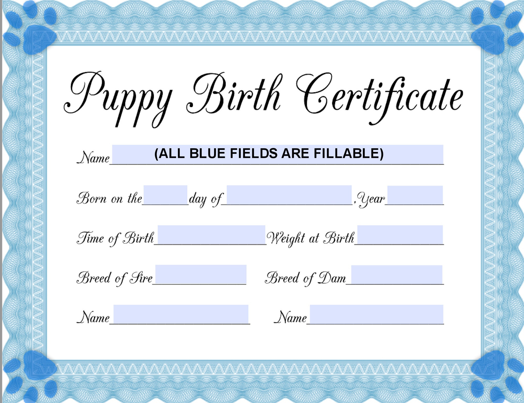Instant Fillable Printable Pdf Puppy Birth Certificate (Blue-Male intended for Free Printable Puppy Birth Certificate