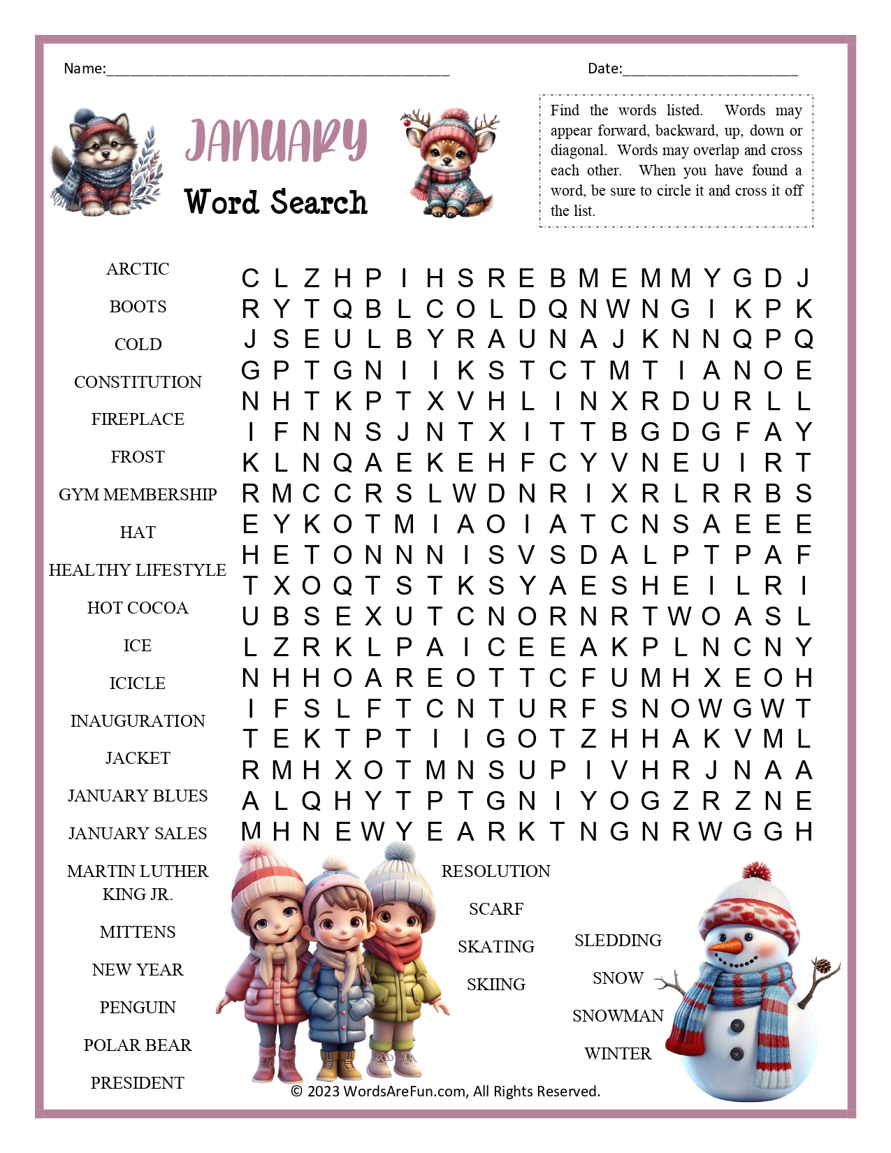 January Word Search in January Word Search Printable