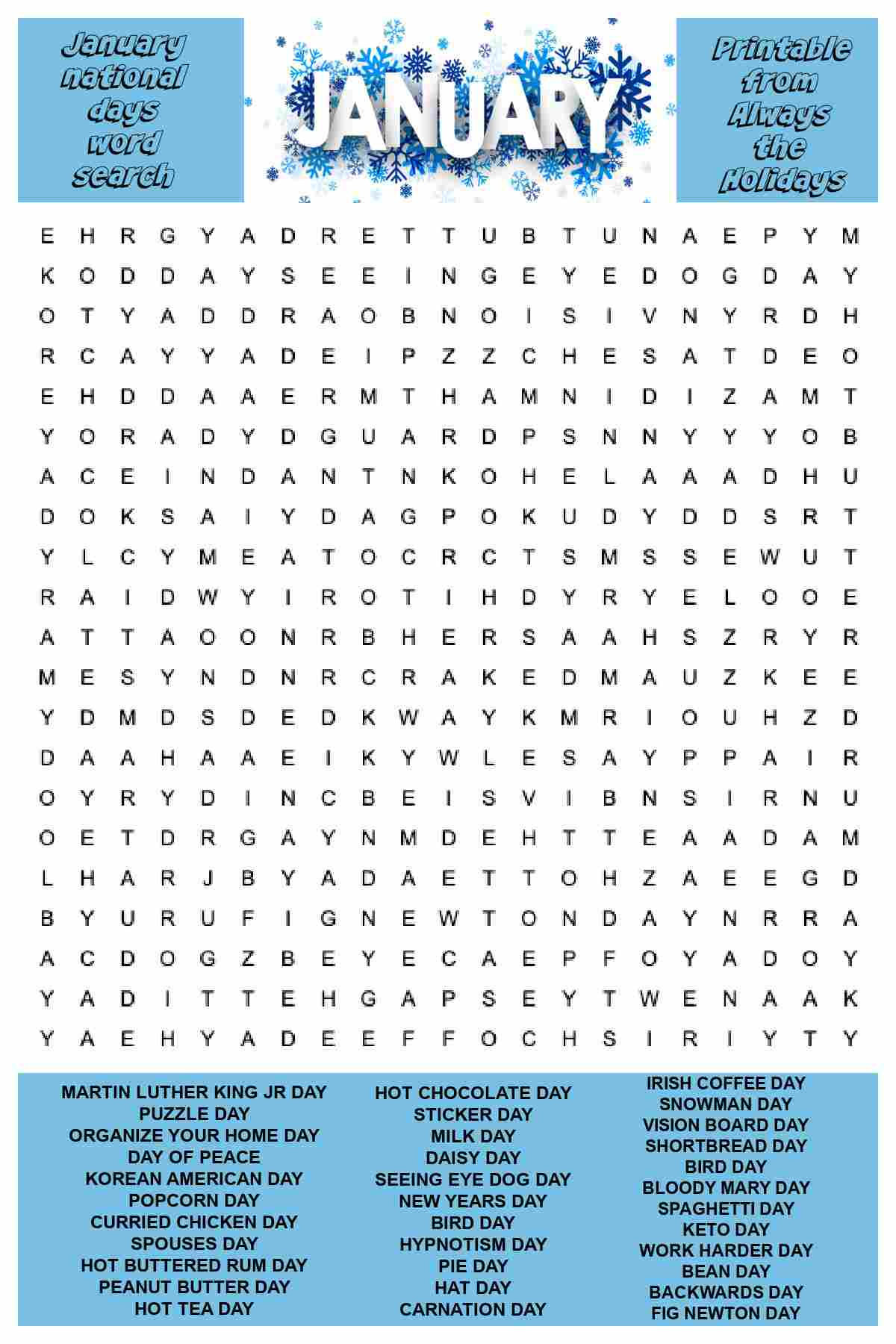 January Word Search Printable - National Day Word Find Puzzle intended for January Word Search Printable