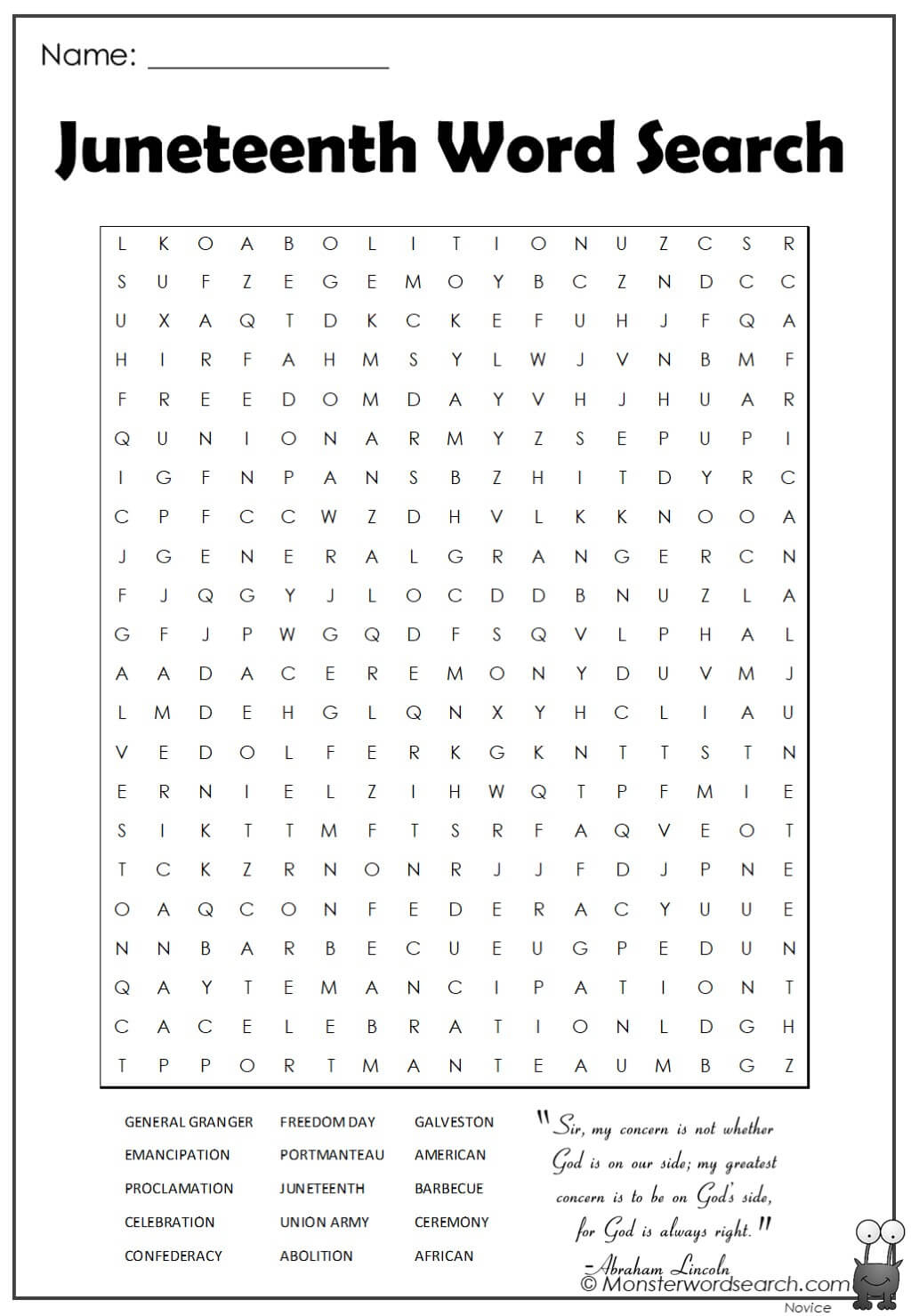 Juneteenth Word Search - Monster Word Search regarding Free Printable Juneteenth Word Search