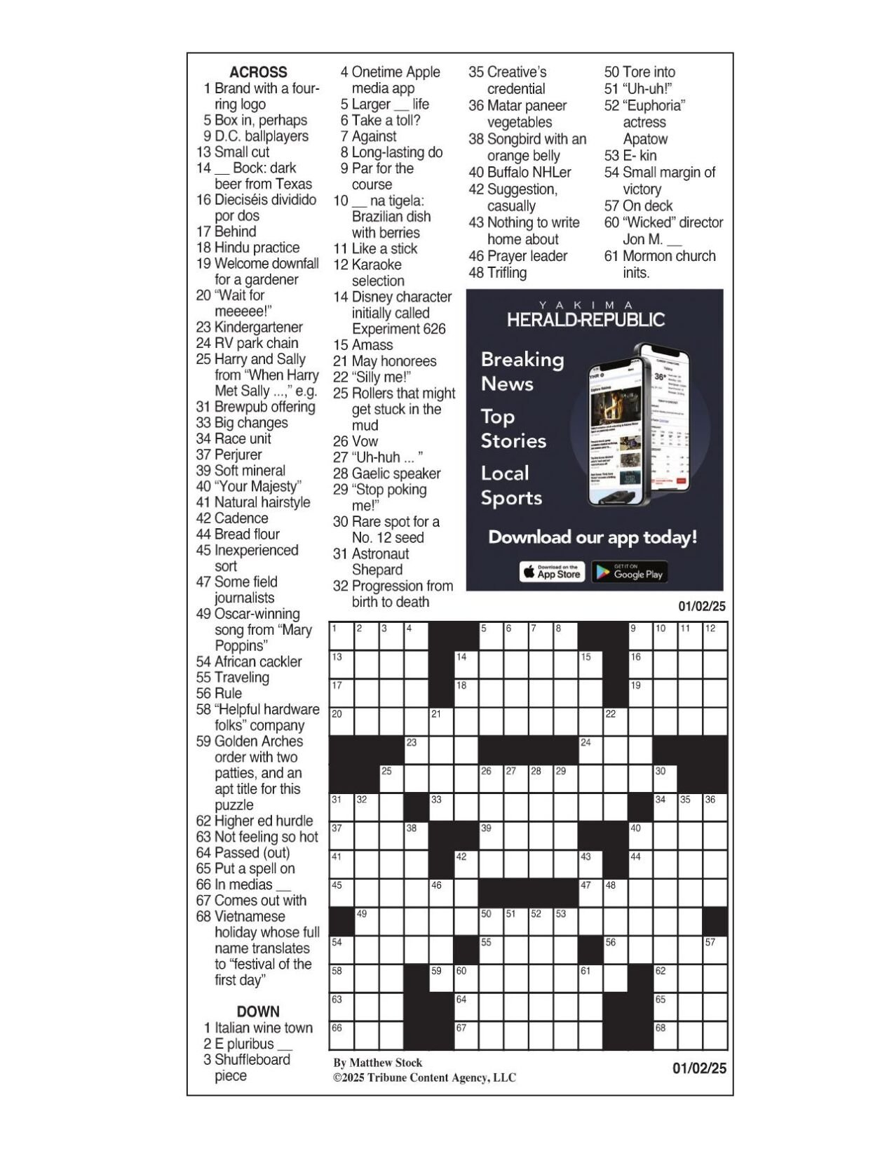 La Times Crossword: Jan. 2, 2025 | Crosswords | Yakimaherald in La Times Printable Crossword Puzzles 2025