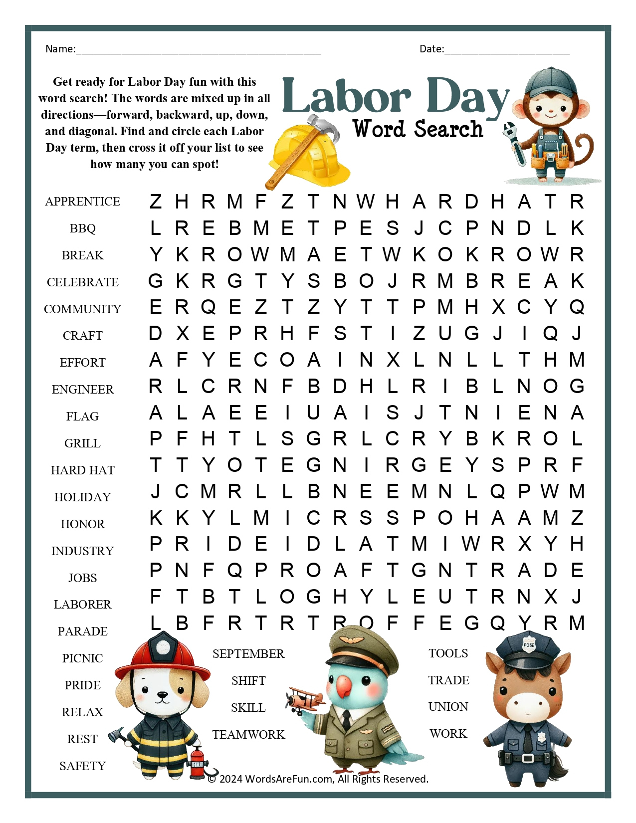 Labor Day Word Search within Free Printable Labor Day Word Search
