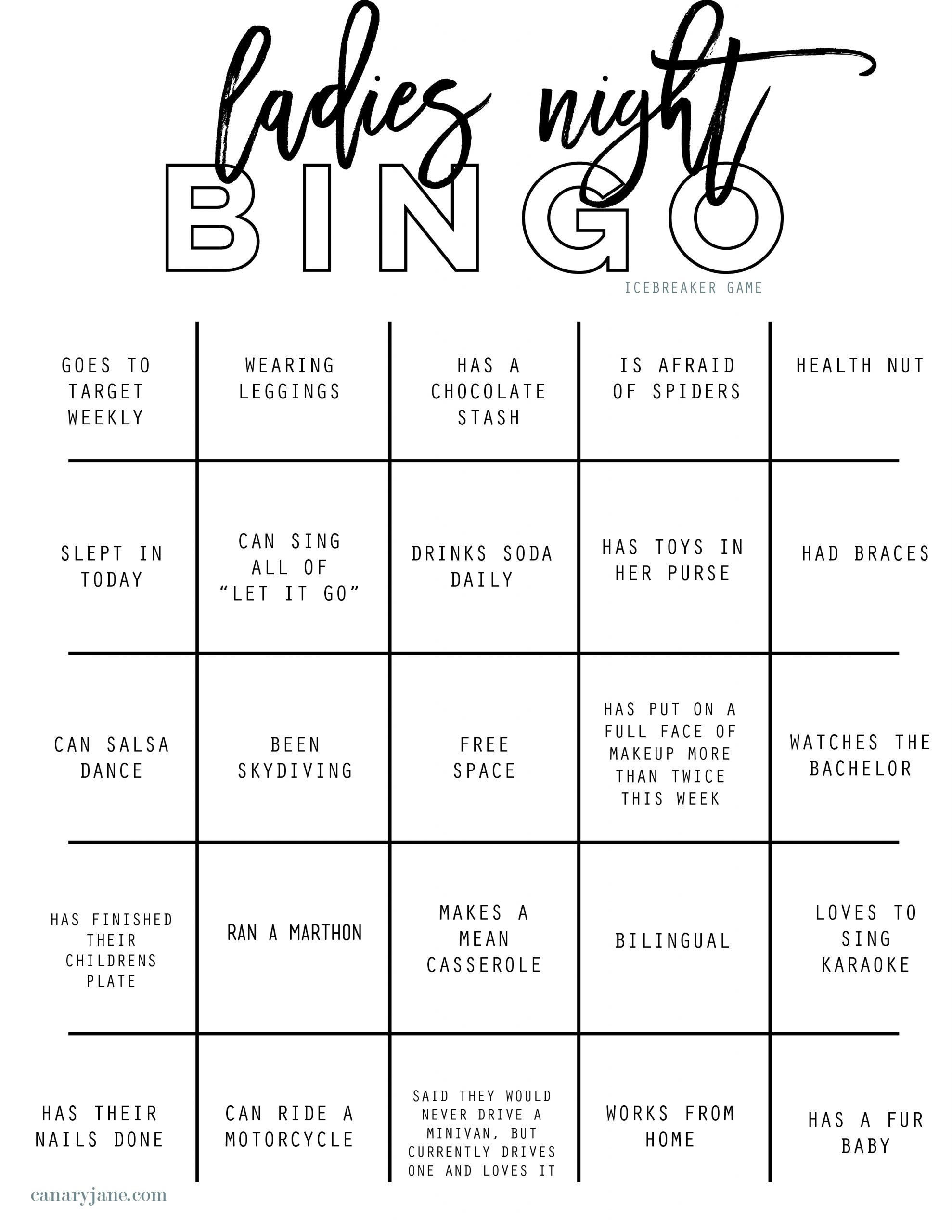 Ladies Night Ice Breaker Card – Canary Jane with regard to Ladies Night Printable Games