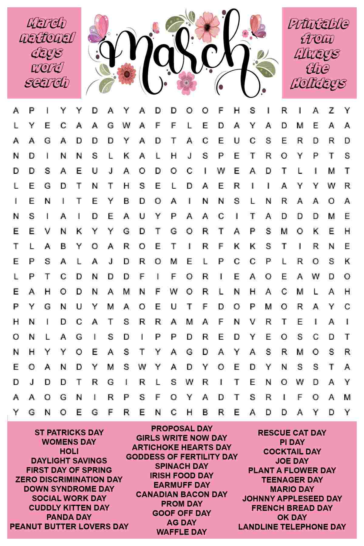 March Word Search Printable - National Days Word Find Puzzles intended for March Word Search Free Printable