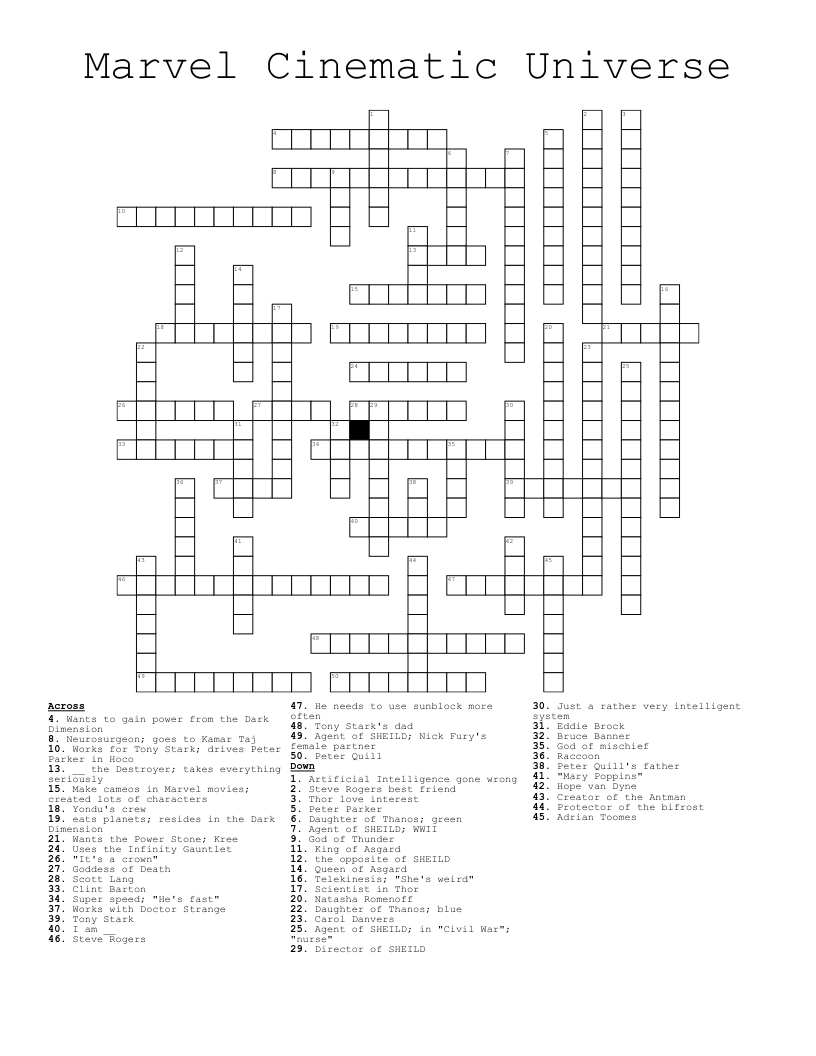 Marvel Cinematic Universe Crossword - Wordmint throughout Marvel Crossword Puzzle Printable