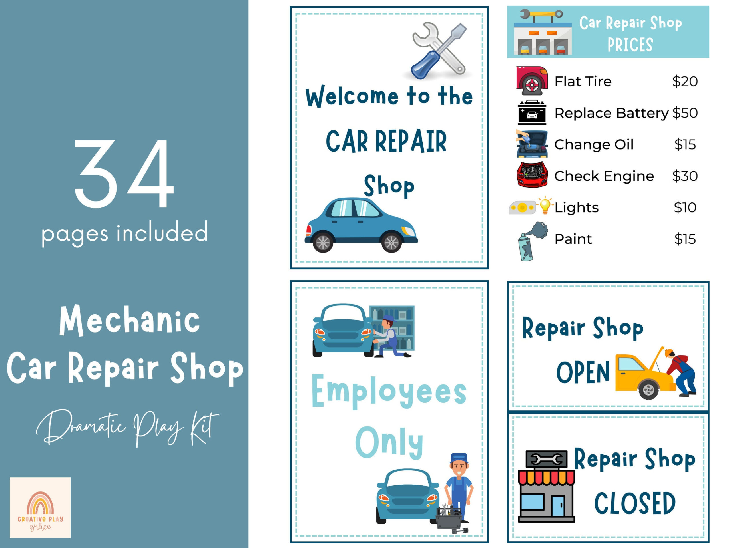 Mechanic Car Repair Shop Dramatic Play, Pretend Play, Play Kit for Auto Shop Dramatic Play Printables Free