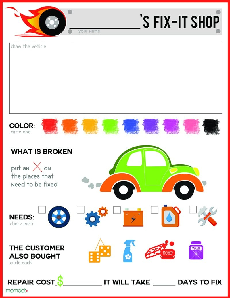 Mechanic Pretend Play Sheet, Free Printable - Momdot inside Auto Shop Dramatic Play Printables Free