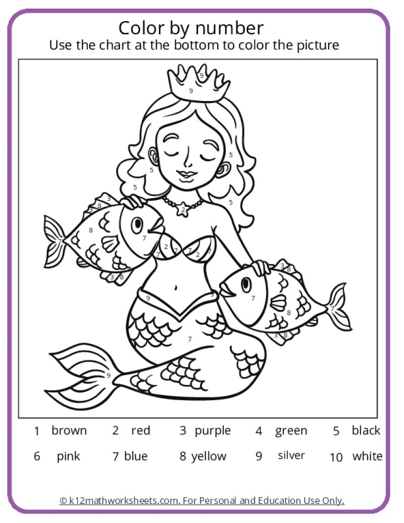 Mermaid Colornumber Pages regarding Color By Number Worksheet Printable