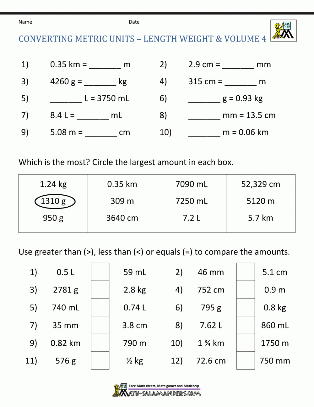 Metric Conversion Worksheet for Metric Measurement Worksheet Printable