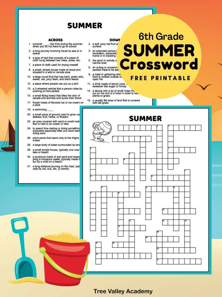 Middle School Summer Crossword Puzzle - Tree Valley Academy for Summer Crossword Puzzle Printable