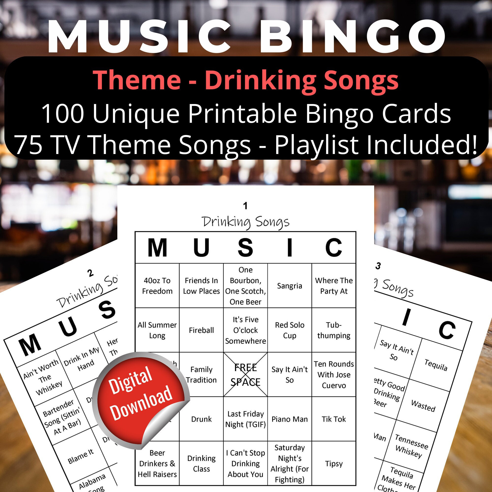 Music Bingo - Drinking Songs, 100 Bingo Cards, 75 Song Playlist intended for Music Bingo Cards And Playlist