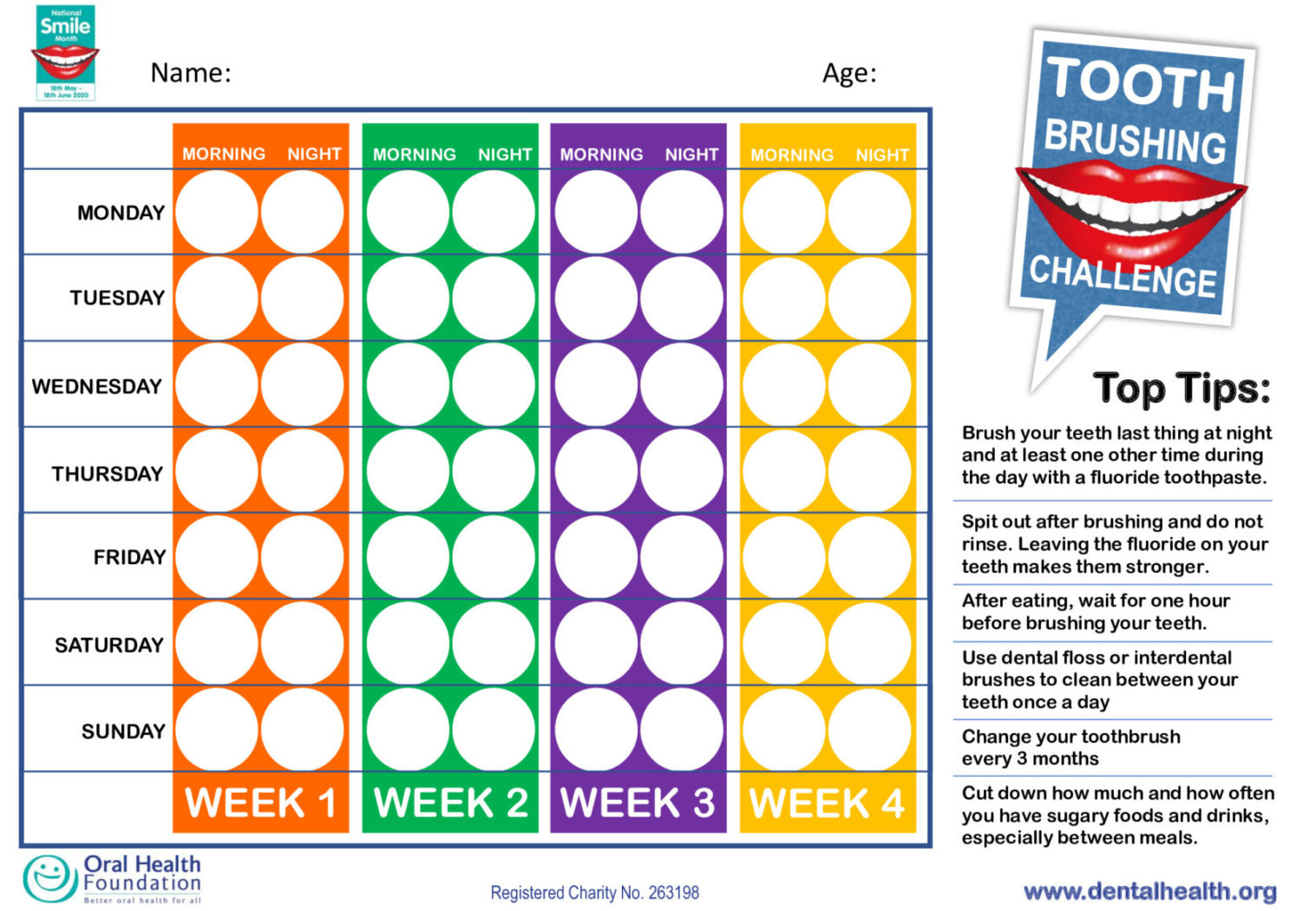 National Smile Month 2020 - Free Tooth Brushing Chart For Kids And within Free Printable Teeth Brushing Chart