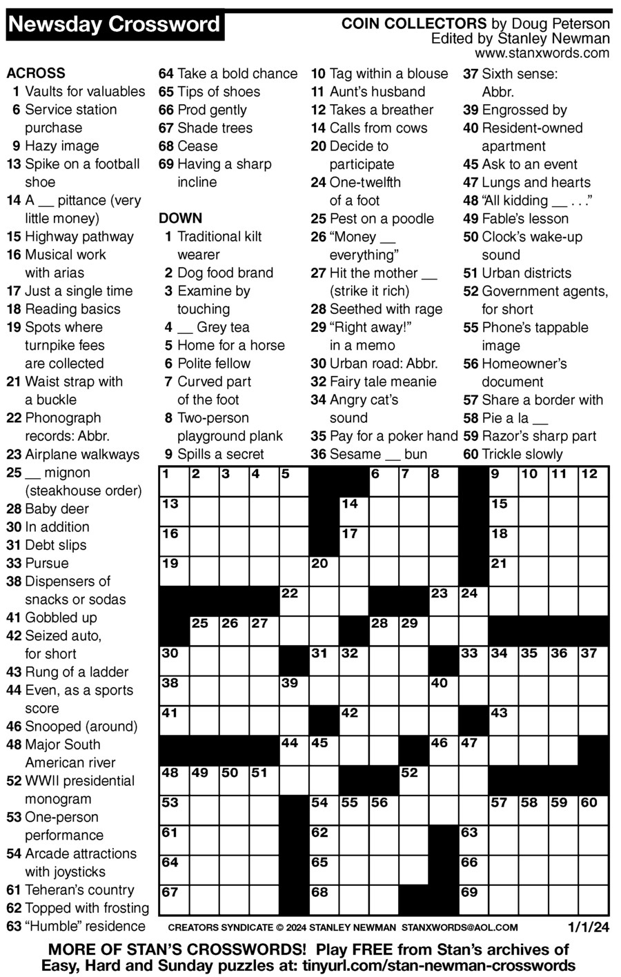 Newsday Crossword Puzzle For Jan 01, 2024,Stanley Newman in Newsday Crossword Printable Today