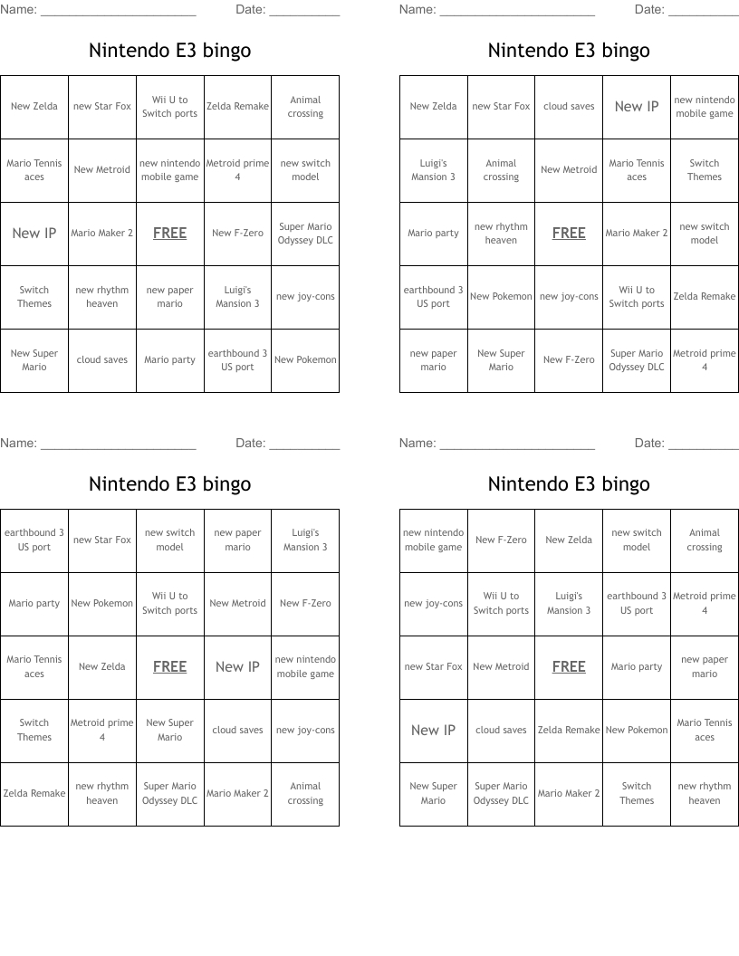 Nintendo E3 Bingo - Wordmint with E3 Bingo Card Maker