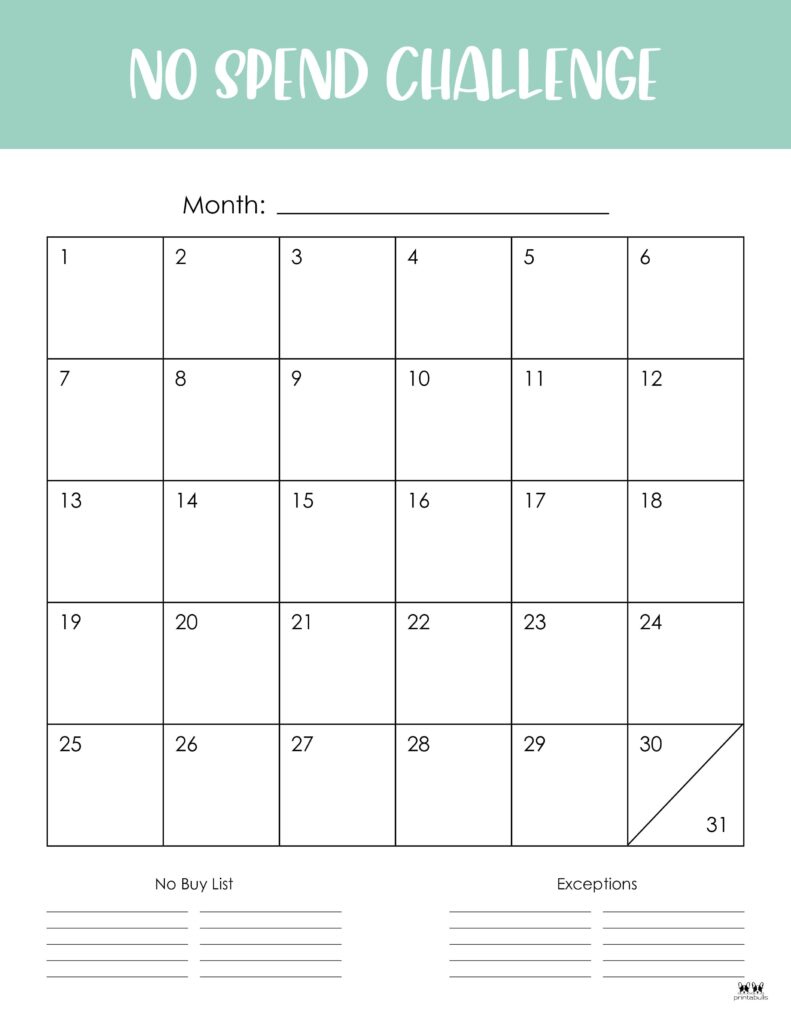 No Spend Challenge Printables | Printabulls regarding No Spend Month Printable