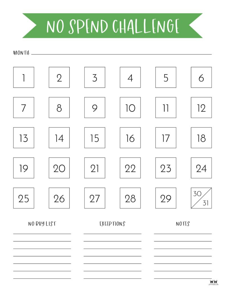 No Spend Challenge Printables | Printabulls with regard to No Spend Month Printable