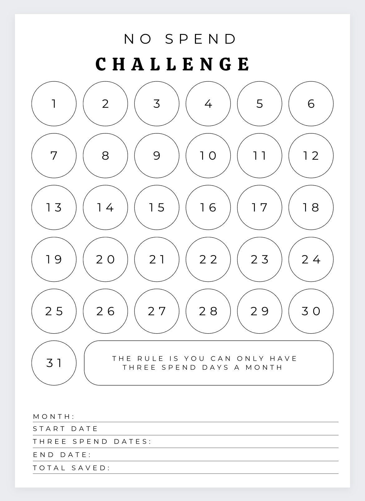 No Spend Month Challenge, Ausgaben, No Spend Tracker, Savings with No Spend Month Printable