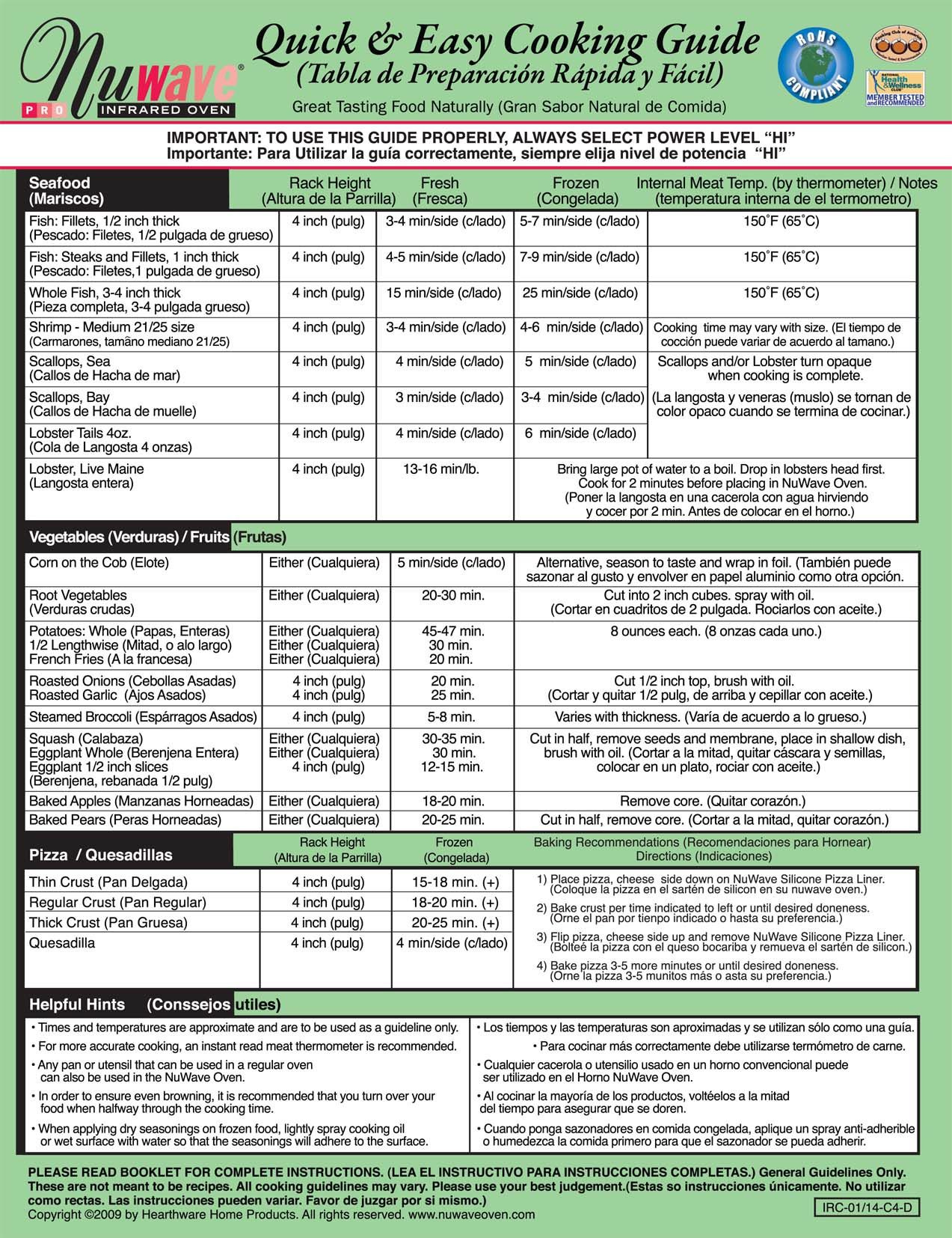 Nu Wave regarding Free Printable Printable Nuwave Oven Cooking Chart