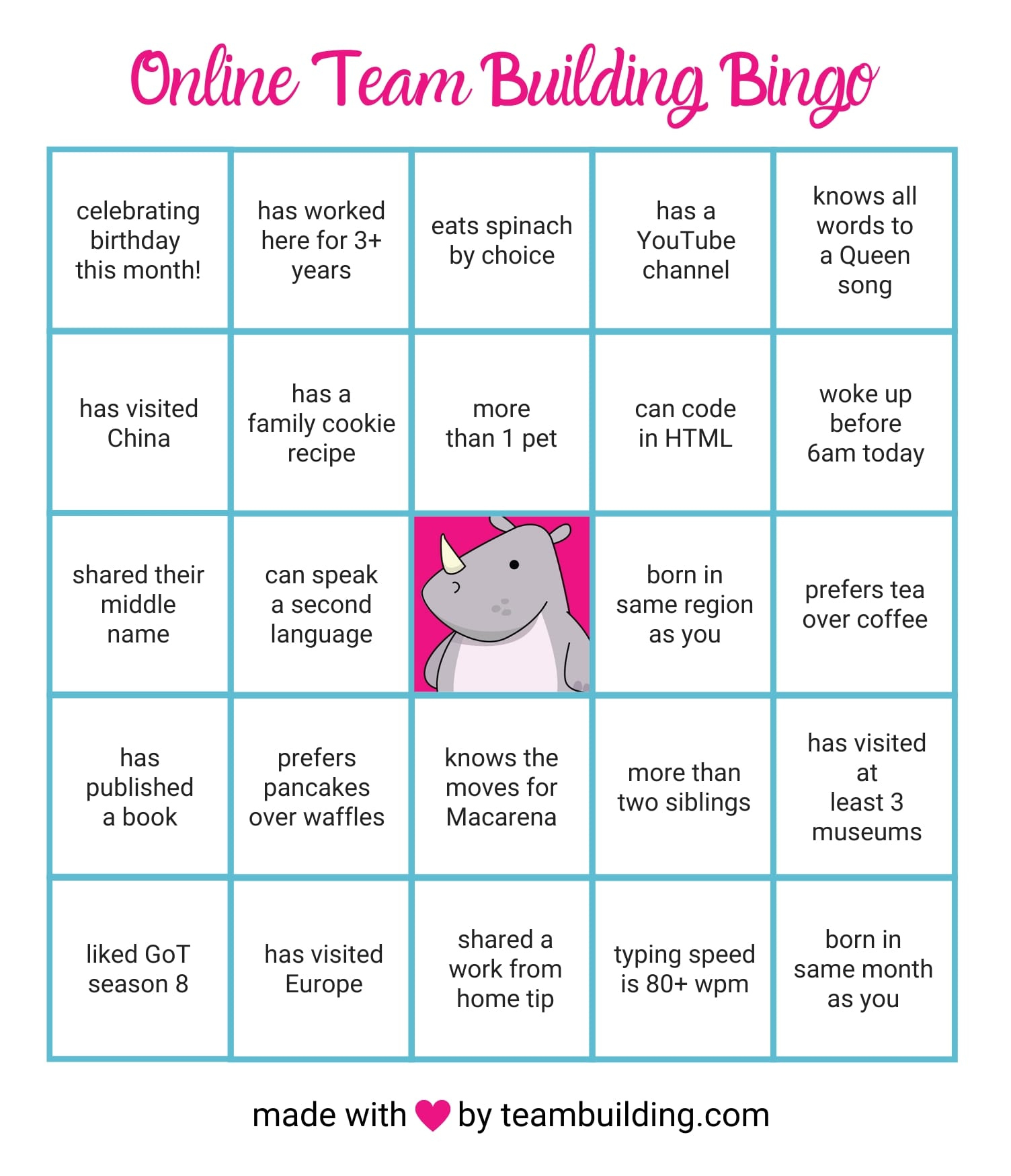 Online Team Building Bingo: Rules &amp;amp; Free Game Board throughout Meeting Bingo Card Generator