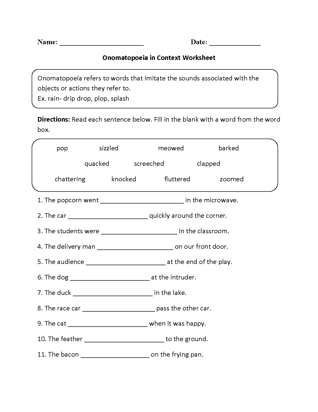 Onomatopoeia Worksheets inside Printable Grammar Worksheets For 7th Grade
