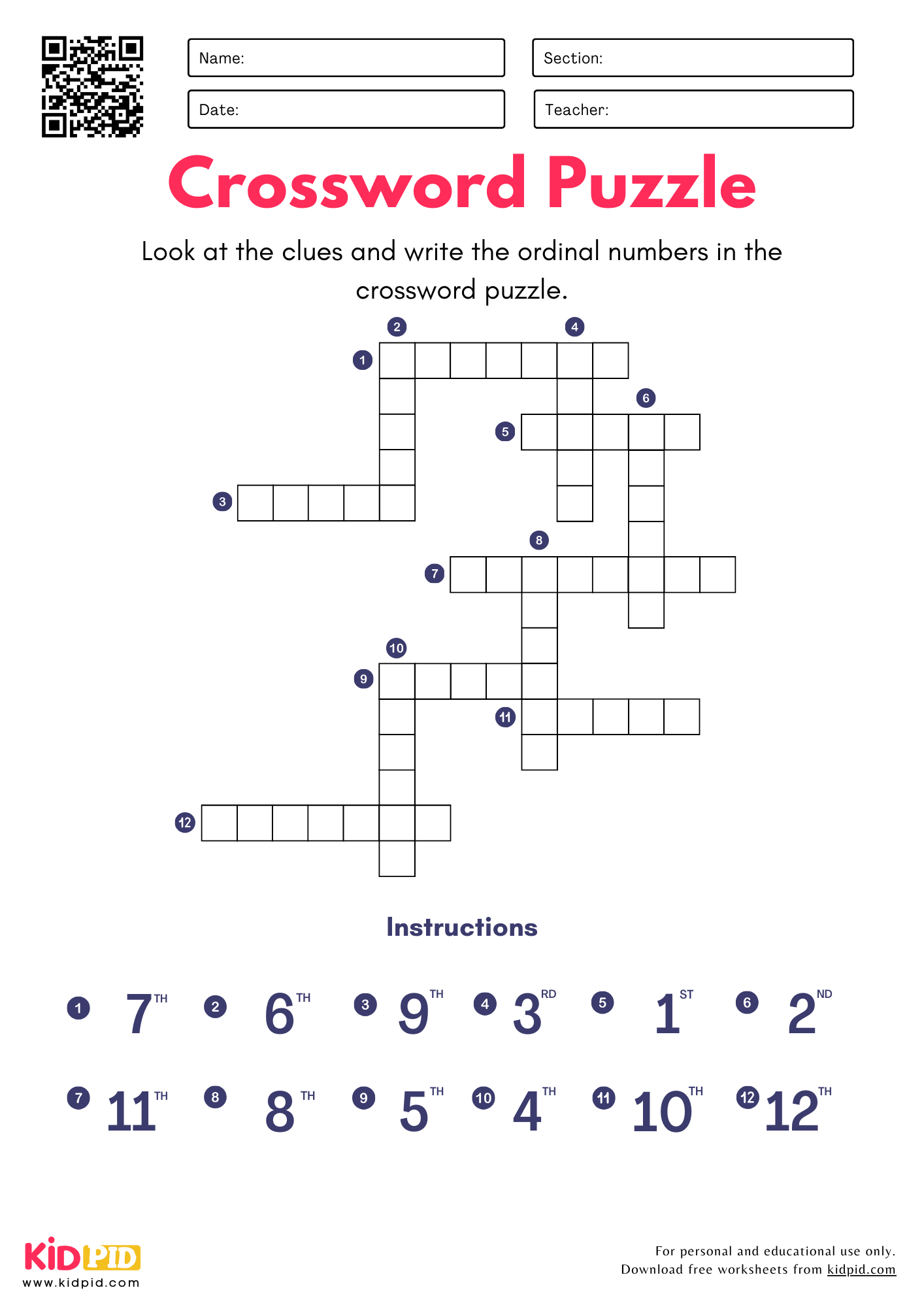 Ordinal Numbers Crossword Puzzle Worksheets For Grade 1 - Kidpid pertaining to Crossword Puzzles For First Graders Printable
