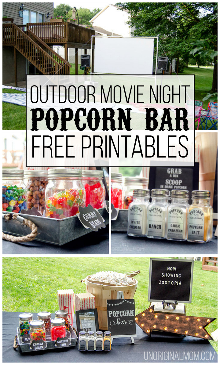 Outdoor Movie Night Popcorn Bar With Free Printables - Unoriginal Mom intended for Free Printable Popcorn Sign