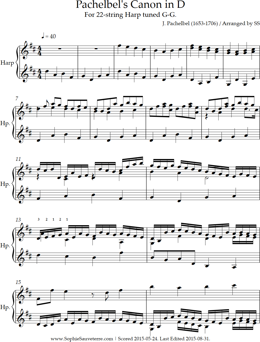 Pachelbel&amp;#039;S Canon In D – Arranged For 22-String Harp Tuned G-G with Canon In D Piano Sheet Music Free Printable