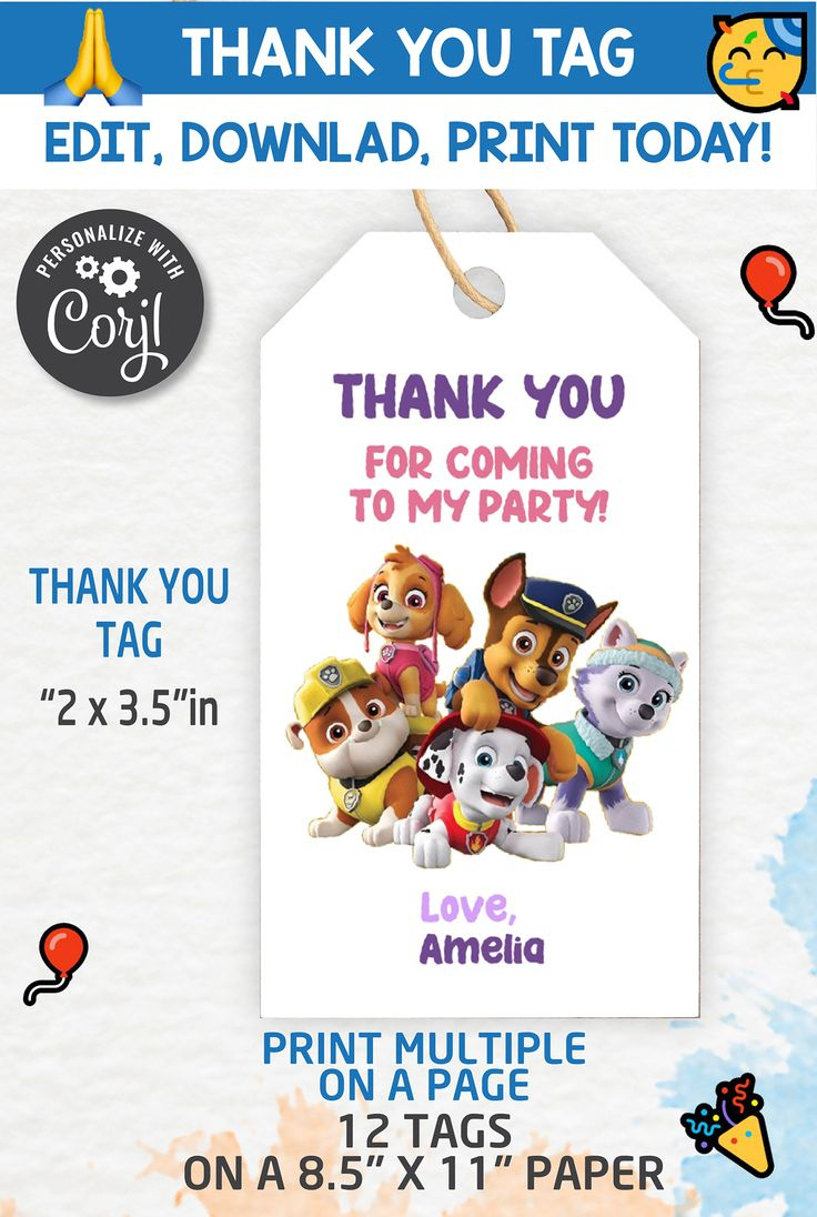 Paw Patrol Thank You Tags, Thank You Gift ,Paw Patrol Party, Paw for Free Printable Paw Patrol Thank You Tags