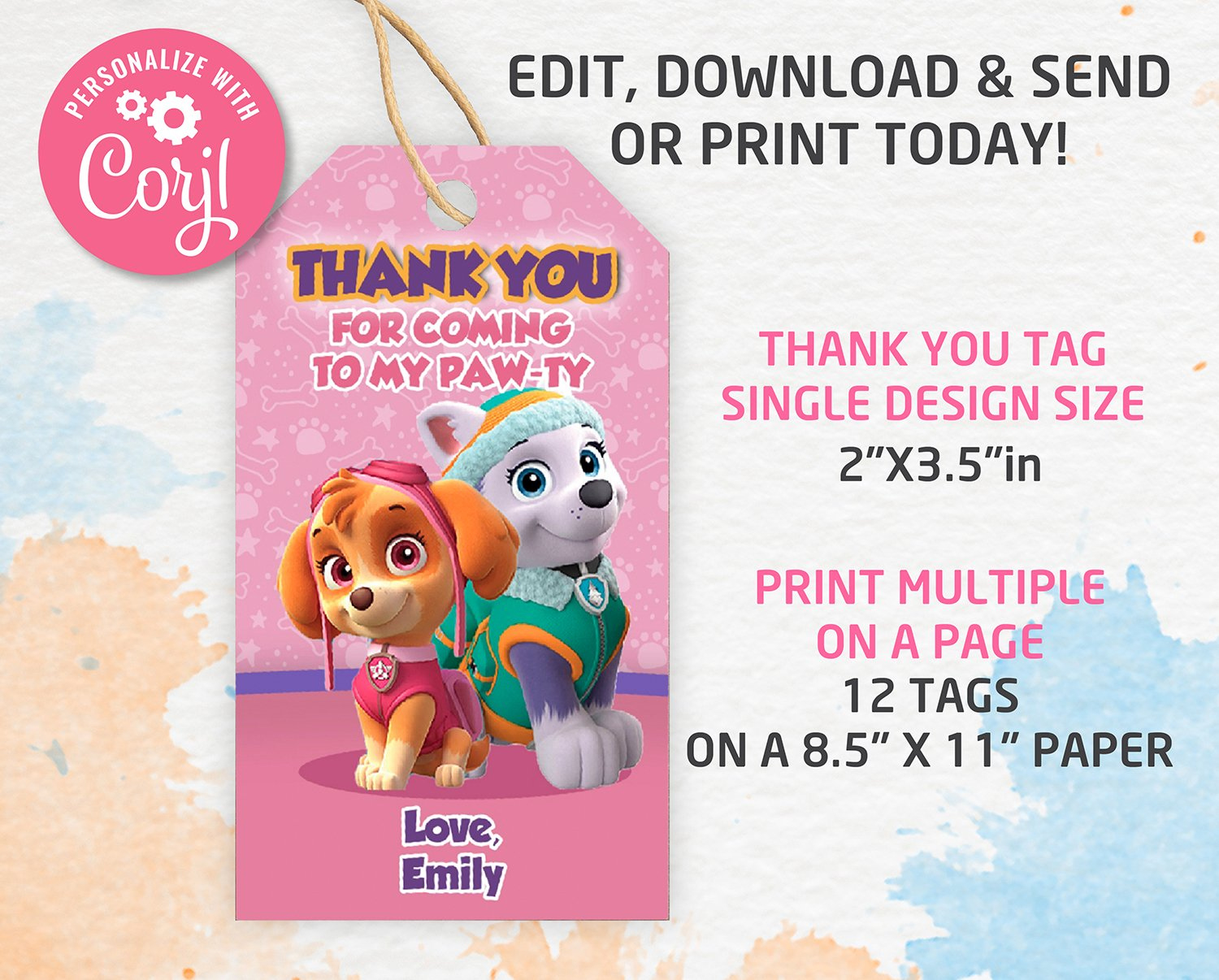 Paw Patrol Thank You Tags, Thank You Gifts Template, Editable, Printable, Instant Download - Amazinginvite with regard to Free Printable Paw Patrol Thank You Tags