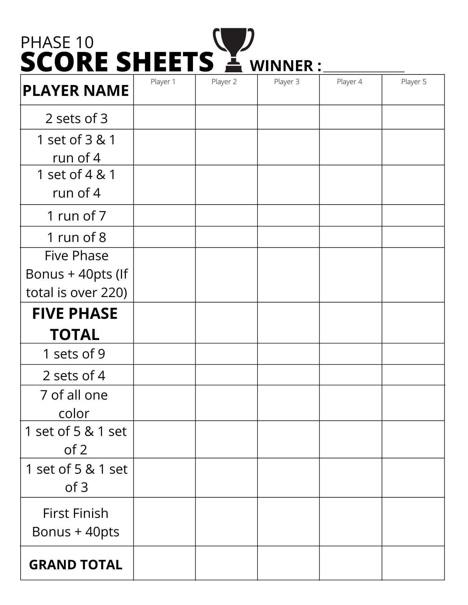 Phase 10 Anzeigetafel - Score Sheet - Printable Pdf regarding Printable Phase 10 Scorecard