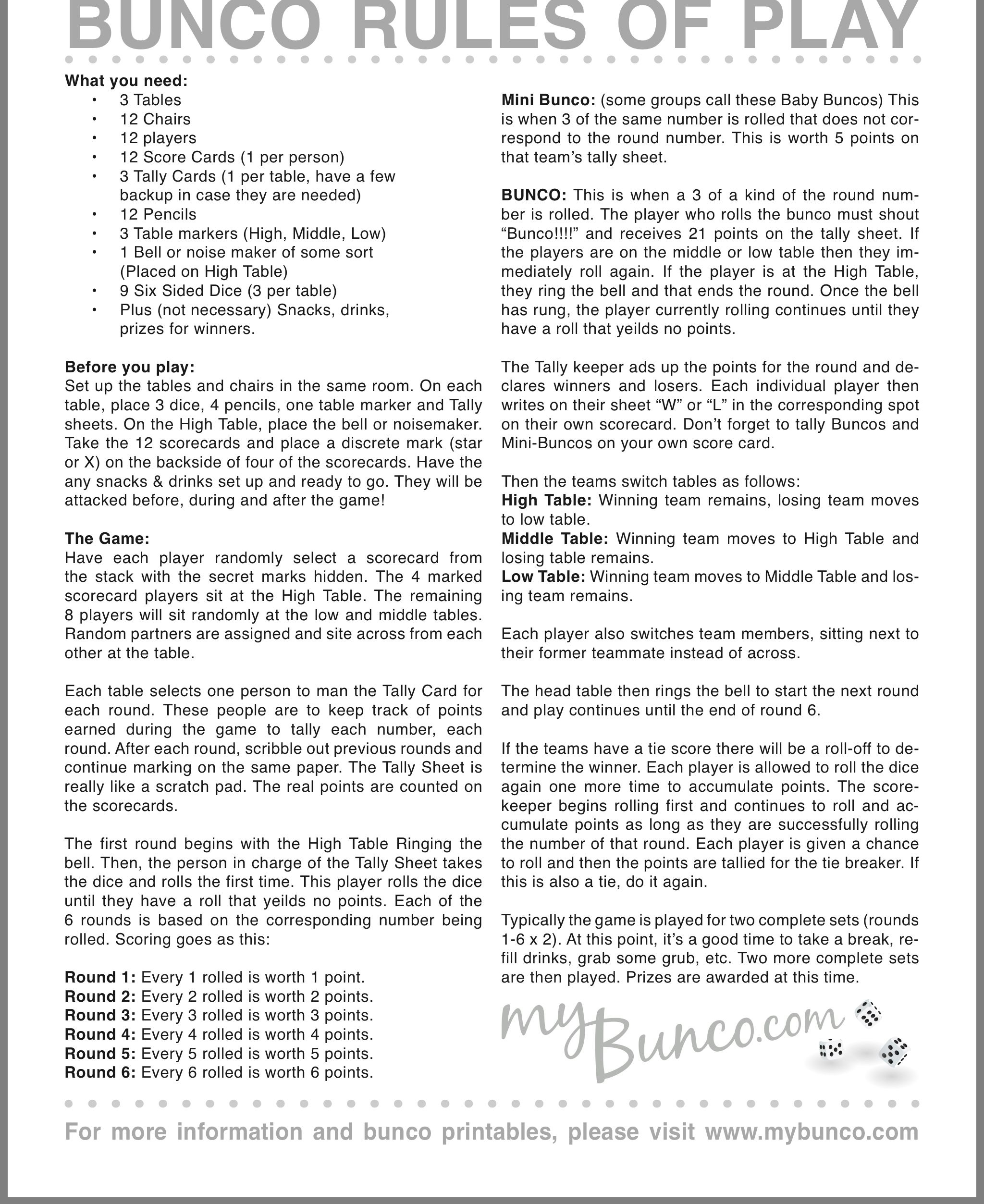 Pin Page throughout Pdf Printable Free Bunco Rules Printable