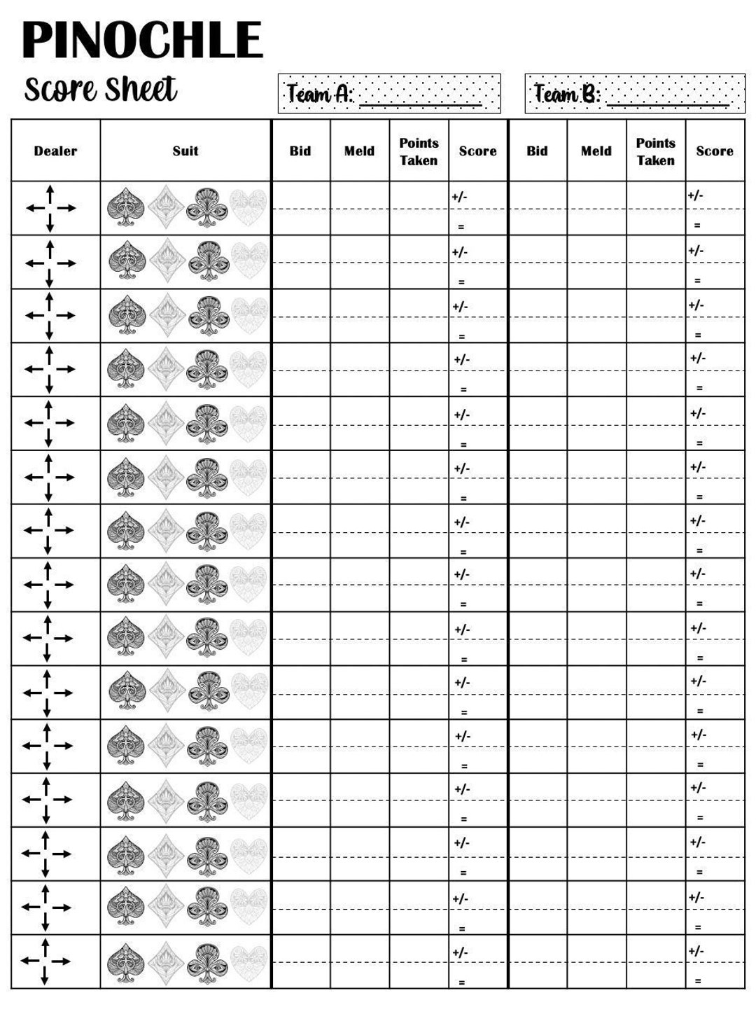 Pinochle Score Card - Pinochle Scoresheet - Pinochle Score Pads - Printable File - Pdf Download 8.5X11 - Etsy Hong Kong regarding Free Printable Pinochle Score Sheet