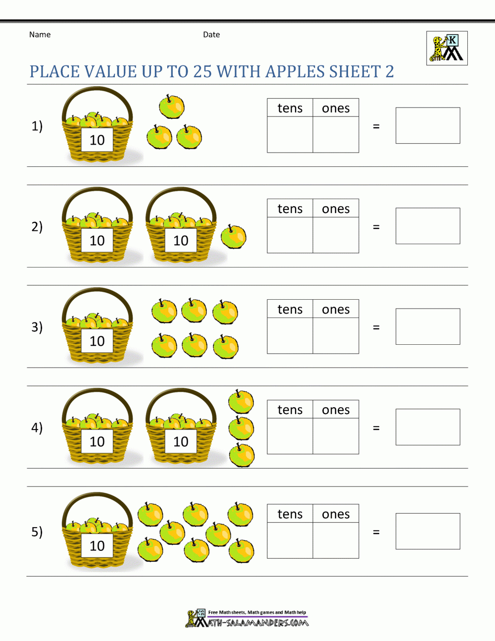 Place Value Worksheets For Kindergarten inside Printable Apple Place Value Worksheet