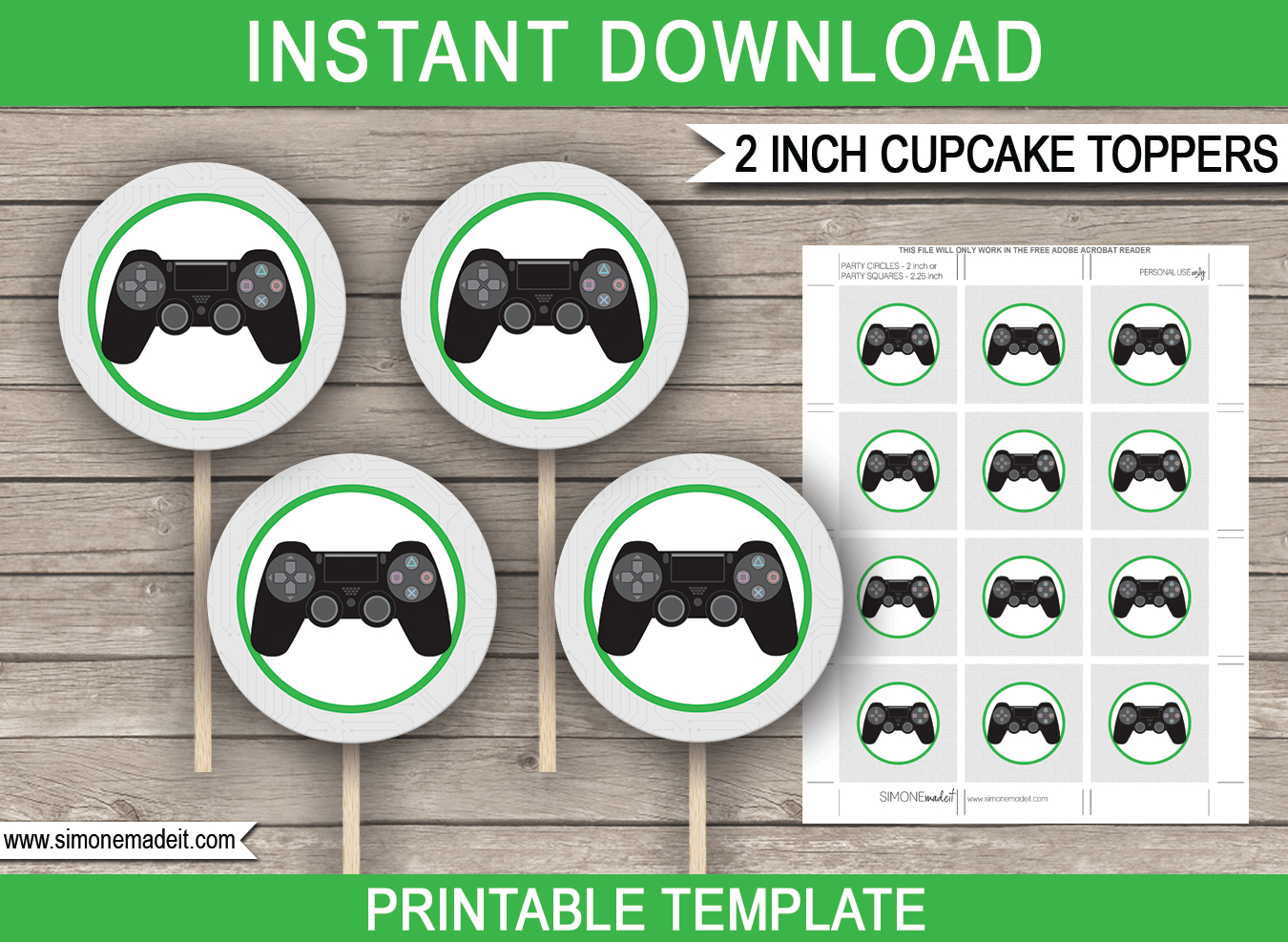 Playstation Party Cupcake Toppers Template - Green regarding Free Printable Video Game Cupcake Toppers
