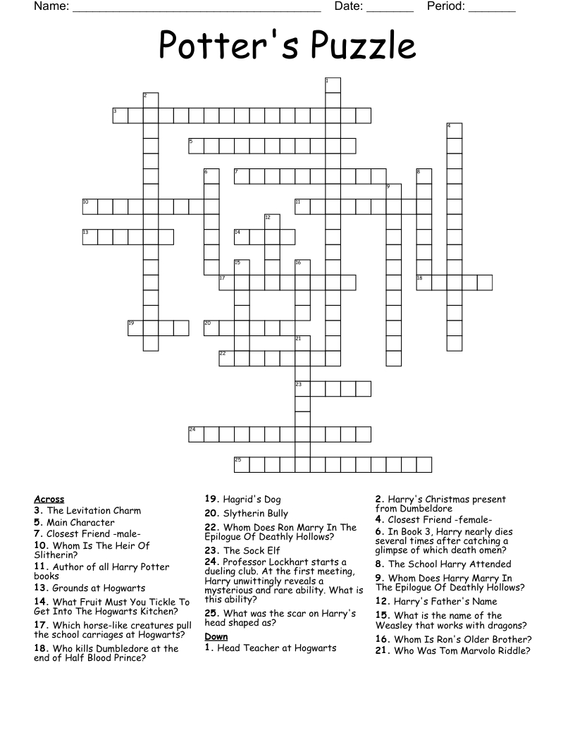 Potter&amp;#039;S Puzzle Crossword - Wordmint inside Harry Potter Crossword Puzzles Printable