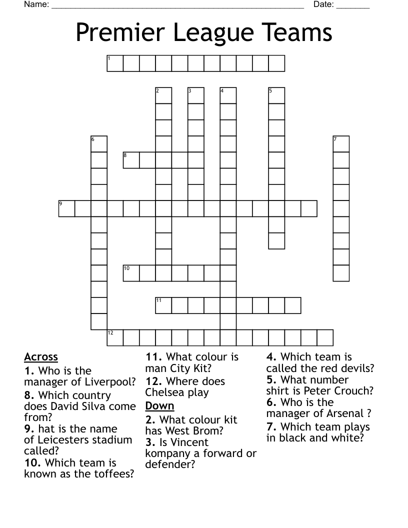 Premier League Teams Crossword - Wordmint for Premier Crossword Puzzle Printable