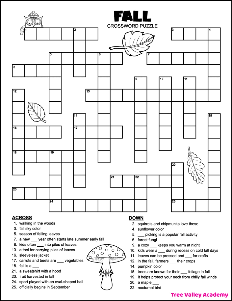 Printable 4Th Grade Fall Crossword Puzzle - Tree Valley Academy intended for Autumn Crosswords Printable
