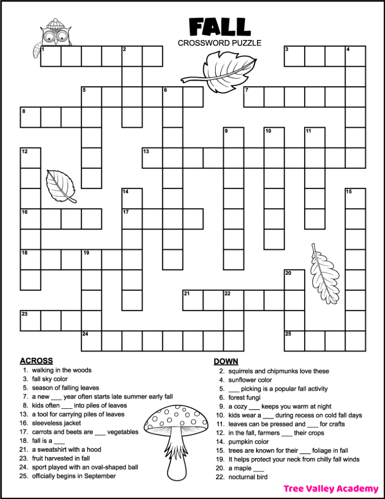 Printable 4Th Grade Fall Crossword Puzzle - Tree Valley Academy throughout Crossword Puzzles Printable With Word Bank