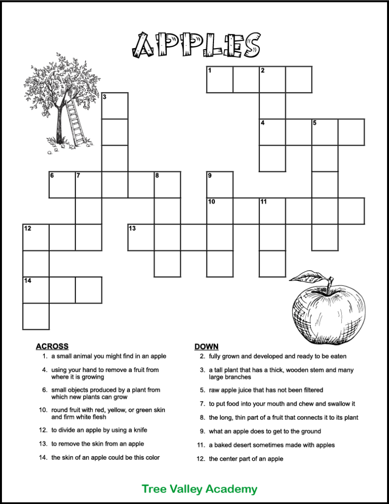 Printable Apple Crossword Puzzle For Kids - Tree Valley Academy with regard to Printable Crossword Puzzles For Third Graders