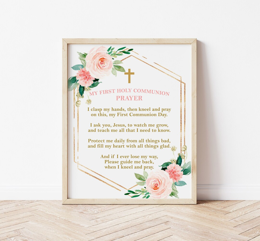 Printable First Communion Prayer, Girl Communion Decoration, Pink And Gold, Floral Watercolor, Instant Download, Fc05 - Etsy with Printable First Communion Prayers