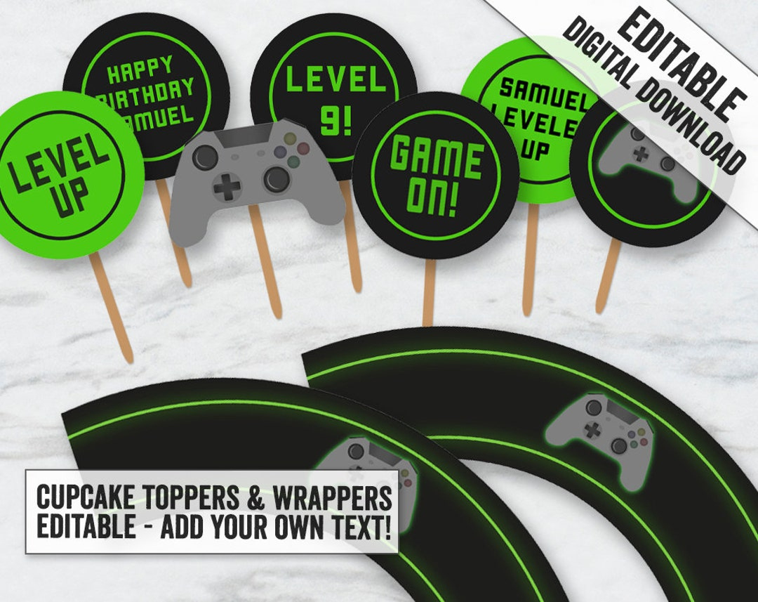 Printable Gaming Party Cupcake Toppers And Wrapper, Editable Gamer with Free Printable Video Game Cupcake Toppers