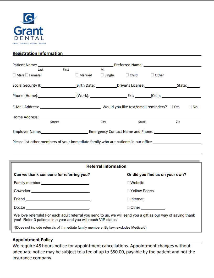 Printable Patient Forms | Grant Dental pertaining to Free Printable New Patient Dental Forms