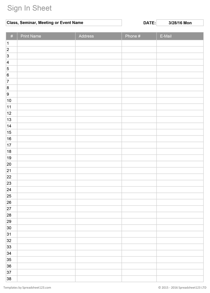 Printable Sign In Worksheets And Forms For Excel, Word And Pdf within Free Printable Sign In Sheet Template