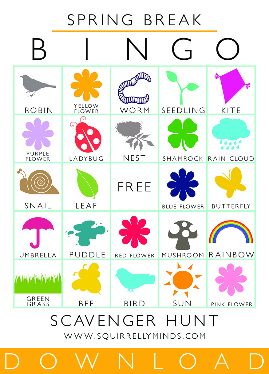 Printable Spring Break Bingo Scavenger Hunt Sheet - Squirrelly Minds pertaining to Scavenger Hunt Bingo Cards