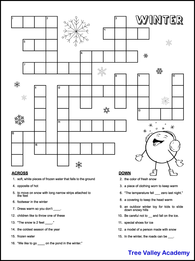 Printable Winter Crossword Puzzles For Kids - Tree Valley Academy in Printable Crosswords For Kids