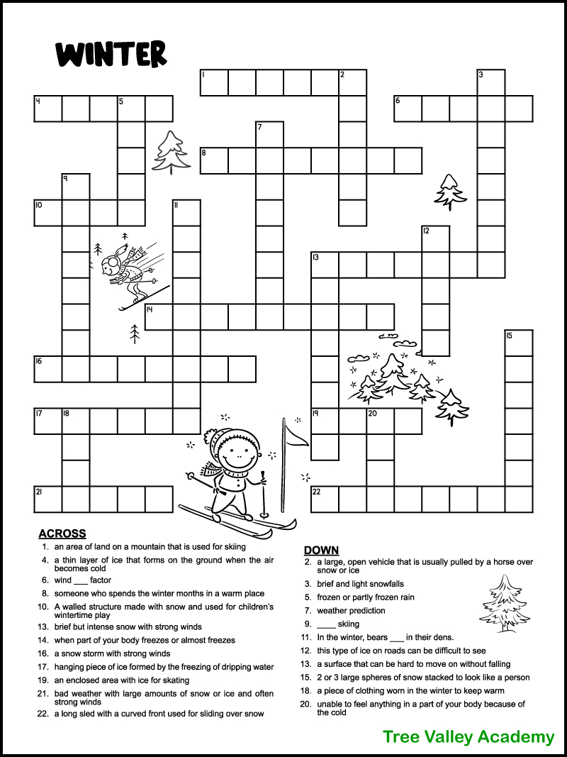 Printable Winter Crossword Puzzles For Kids - Tree Valley Academy regarding Hard Crossword Puzzles Printable