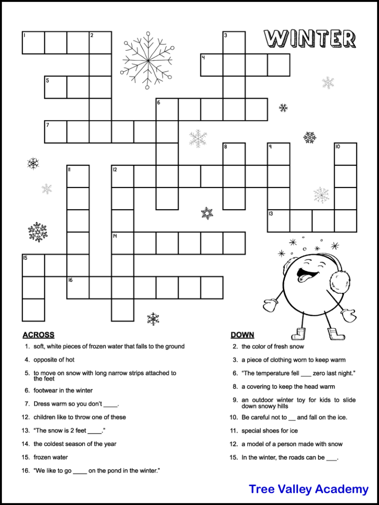 Printable Winter Crossword Puzzles For Kids - Tree Valley Academy with regard to Printable Crossword Puzzles For Third Graders