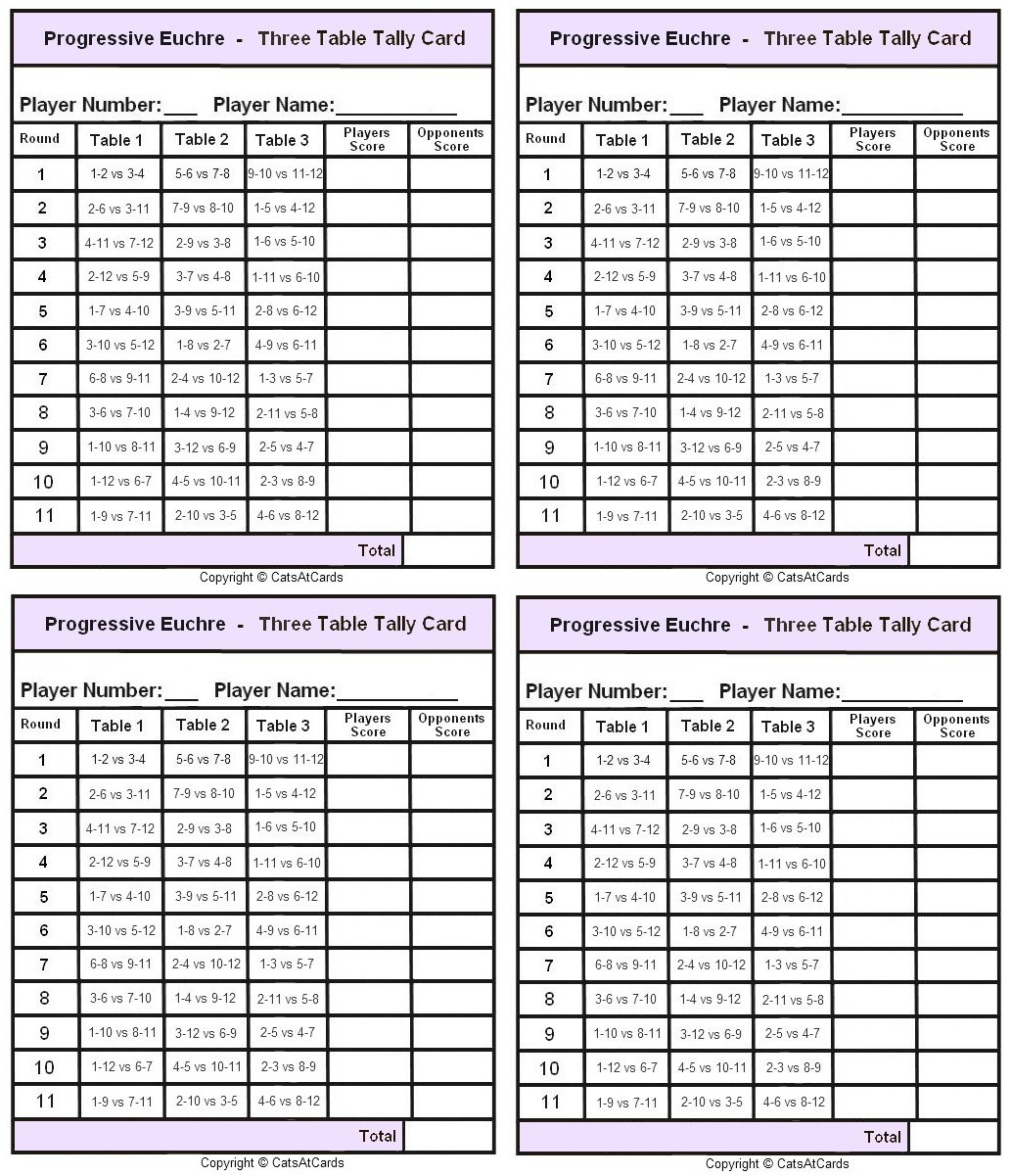 Progressive Euchre Three Table Tally Card - Print intended for Free Printable Euchre Score Cards