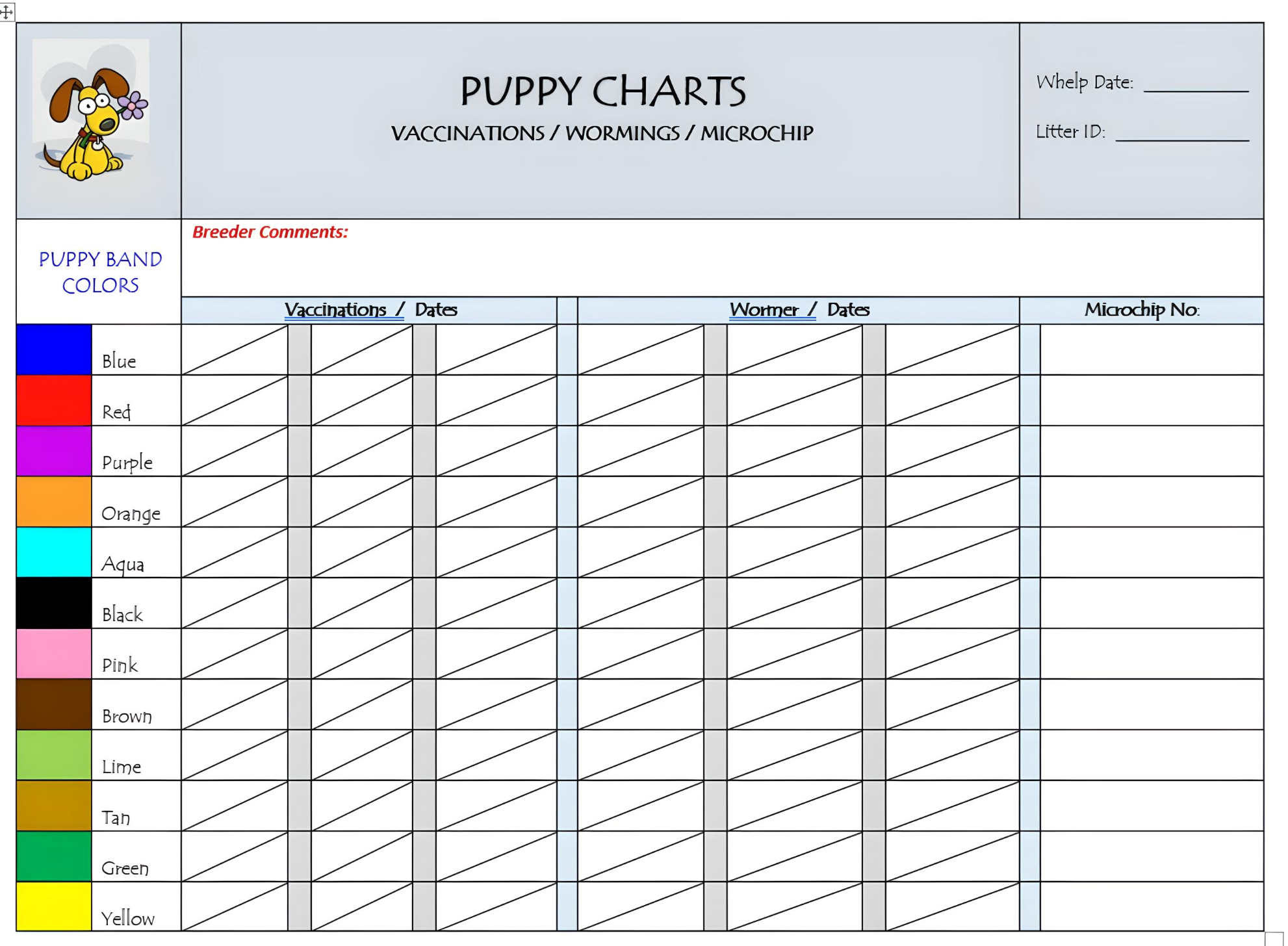 Puppy Charts Puppy Id Bands Litter Collars Puppies In Bloom Promo within Free Printable Puppy Weight Puppy Whelping Chart