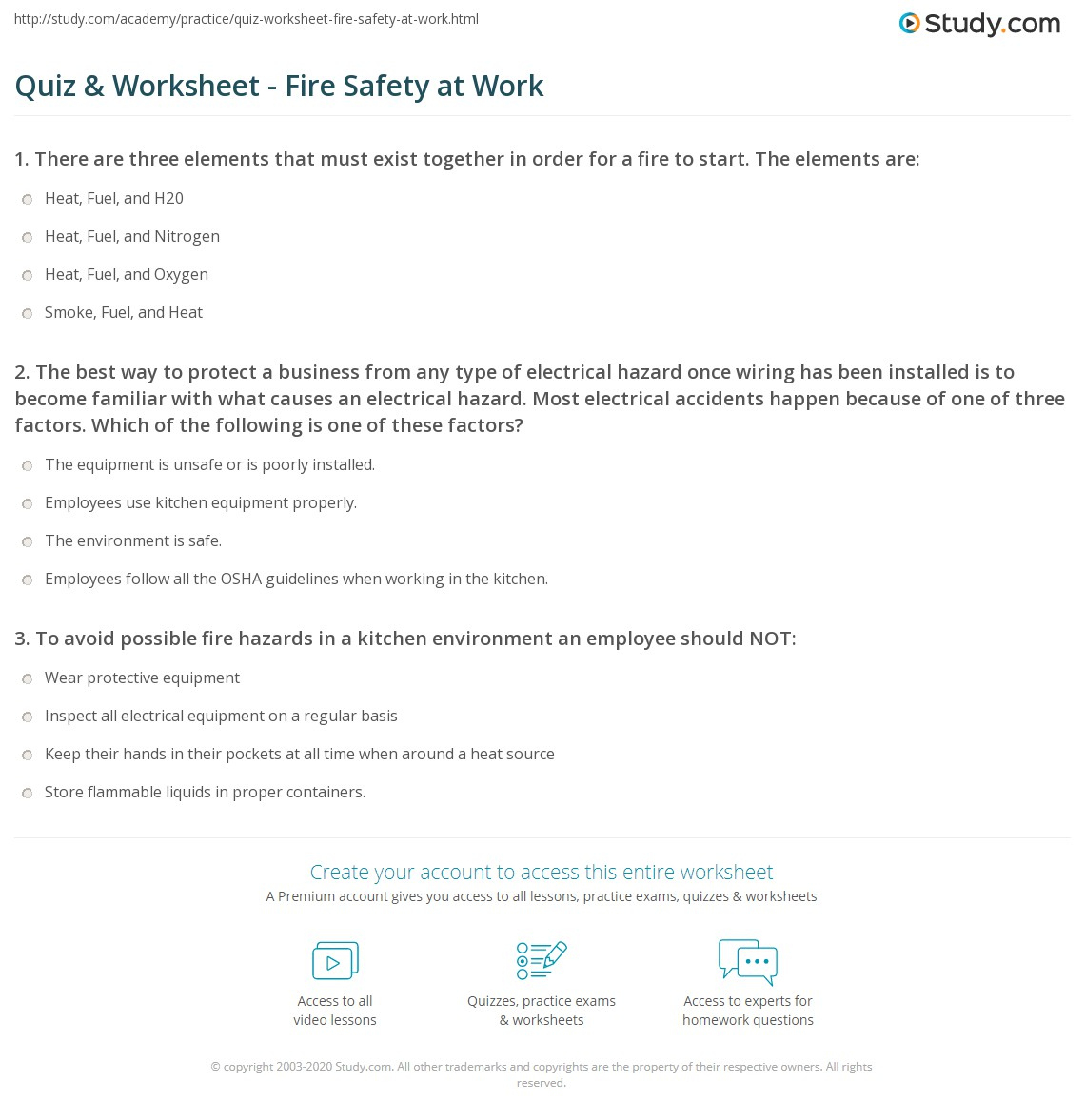 Quiz &amp;amp; Worksheet - Fire Safety At Work | Study in Printable Fire Safety Quiz